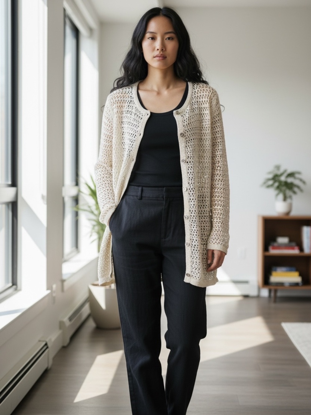 Eddie Bauer Cream Crochet Open-Knit Cardigan Sweater